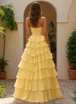 A-Line/Princess Sweetheart Ruffle Tiered Basque Waist Prom Dresses with Split Side