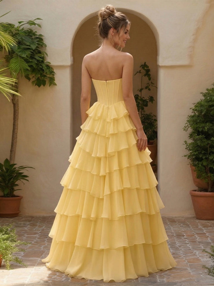 A-Line/Princess Sweetheart Ruffle Tiered Basque Waist Prom Dresses with Split Side