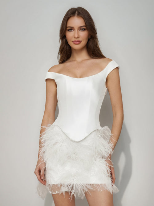 Sheath/Column Off-the-Shoulder Short Sleeves Basque Waist Prom Dresses with Feather