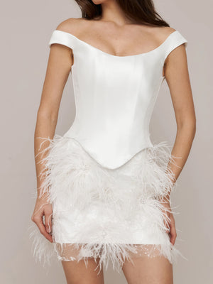 Sheath/Column Off-the-Shoulder Short Sleeves Basque Waist Prom Dresses with Feather