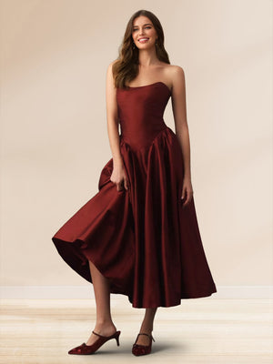 A-Line/Princess Strapless Sleeveless Basque Waist Prom Dresses with Ruched