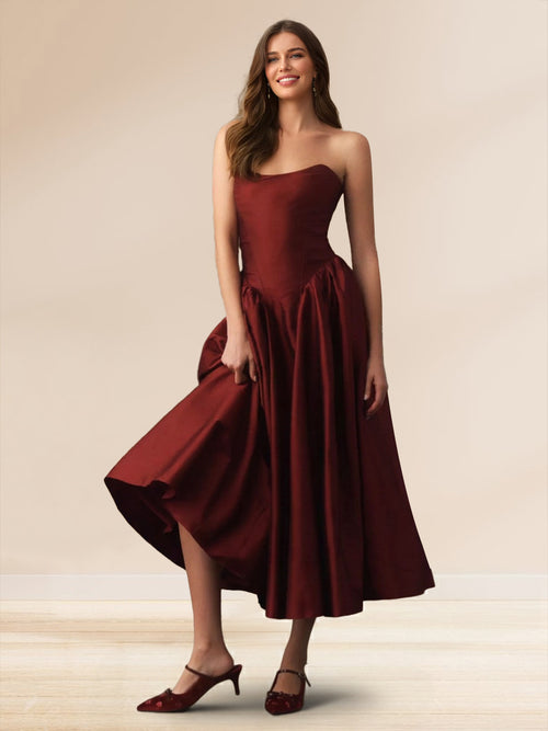 A-Line/Princess Strapless Sleeveless Basque Waist Prom Dresses with Ruched