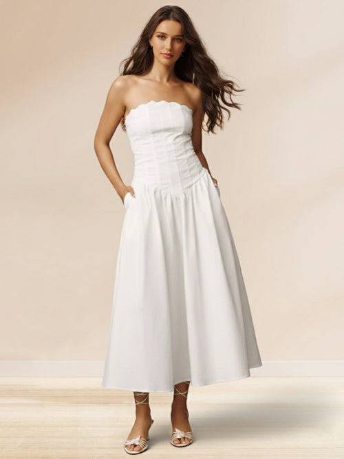 A-Line/Princess Strapless Sleeveless Basque Waist Prom Dresses with Pocket