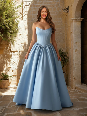 A-Line/Princess Strapless Sleeveless Basque Waist Prom Dresses with Ruched & Pocket
