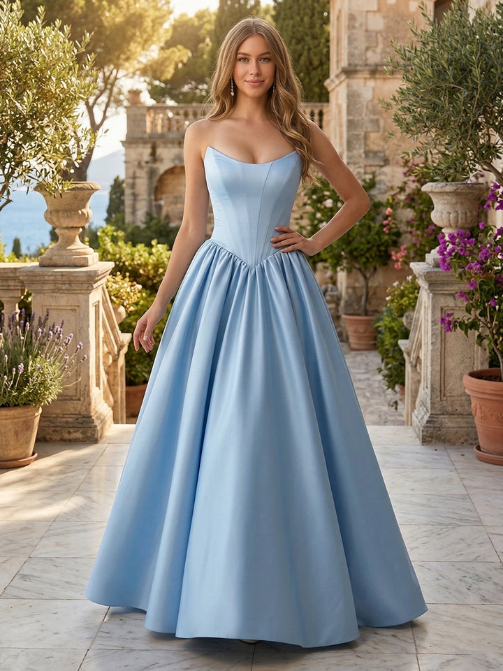 A-Line/Princess Strapless Sleeveless Basque Waist Prom Dresses with Ruched &amp; Pocket