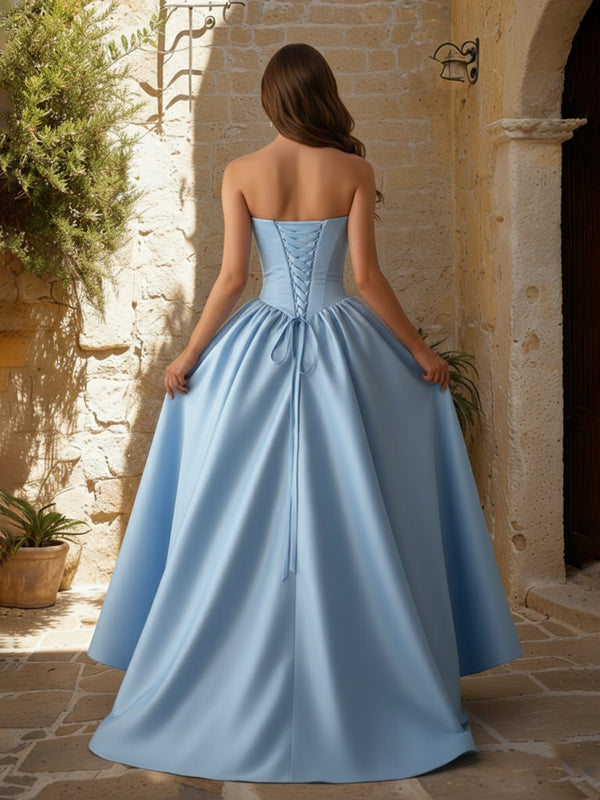 A-Line/Princess Strapless Sleeveless Basque Waist Prom Dresses with Ruched & Pocket