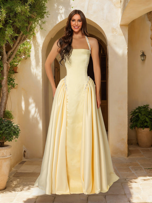 A-Line/Princess Halter Sleeveless Basque Waist Prom Dresses with Beading