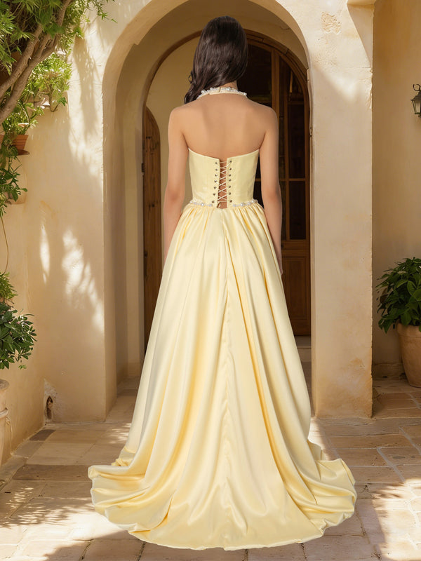 A-Line/Princess Halter Sleeveless Basque Waist Prom Dresses with Beading