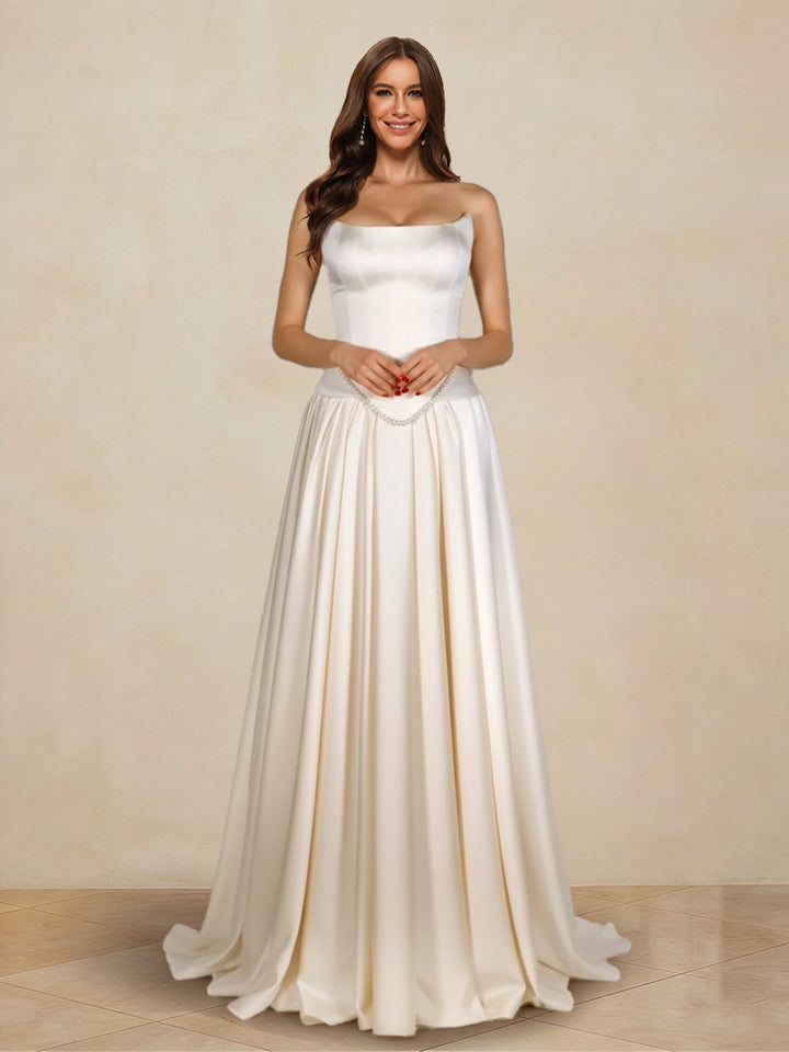 A-Line/Princess Strapless Sleeveless Basque Waist Prom Dresses with Ruched &amp; Beading
