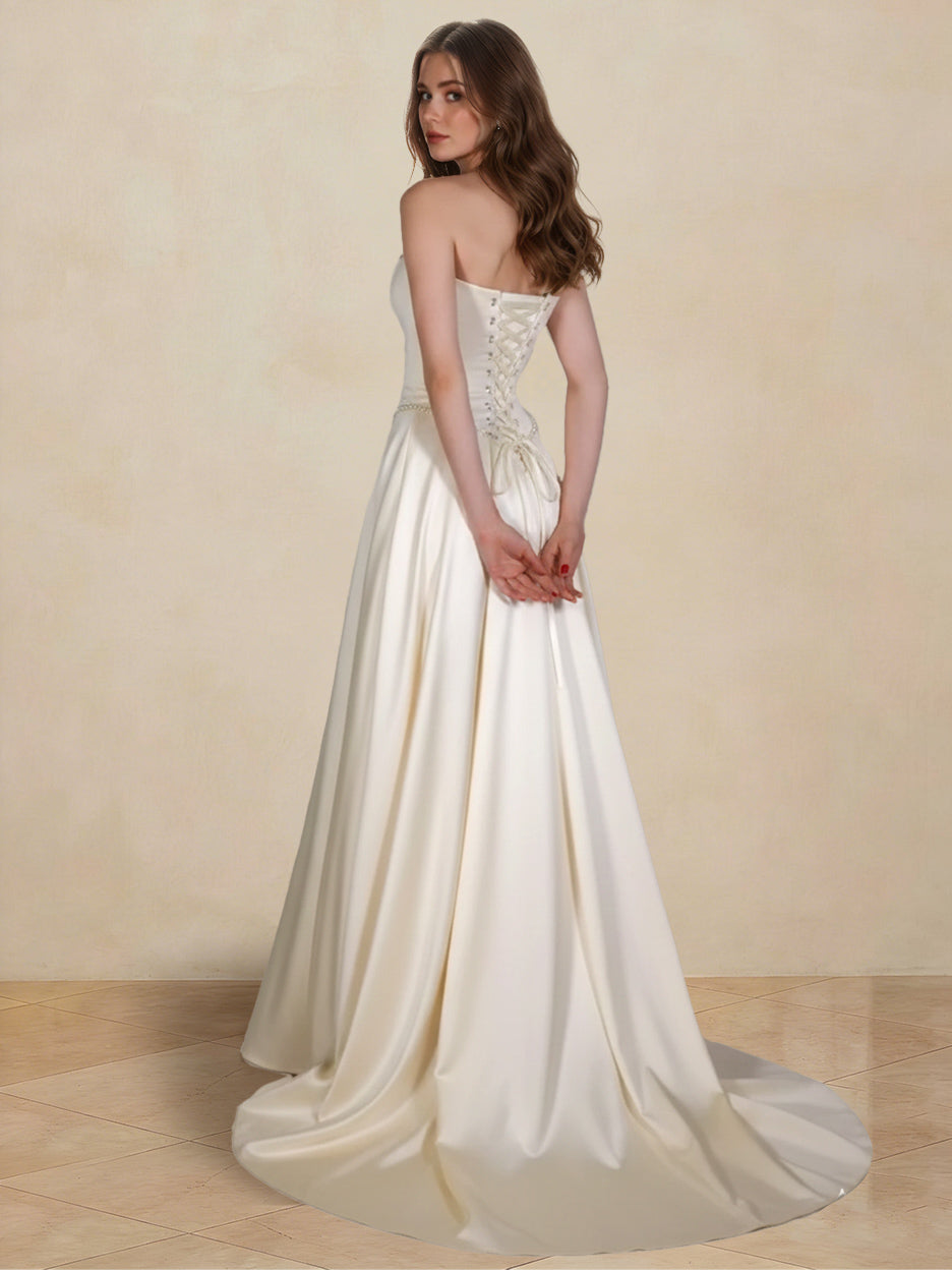 A-Line/Princess Strapless Sleeveless Basque Waist Prom Dresses with Ruched &amp; Beading
