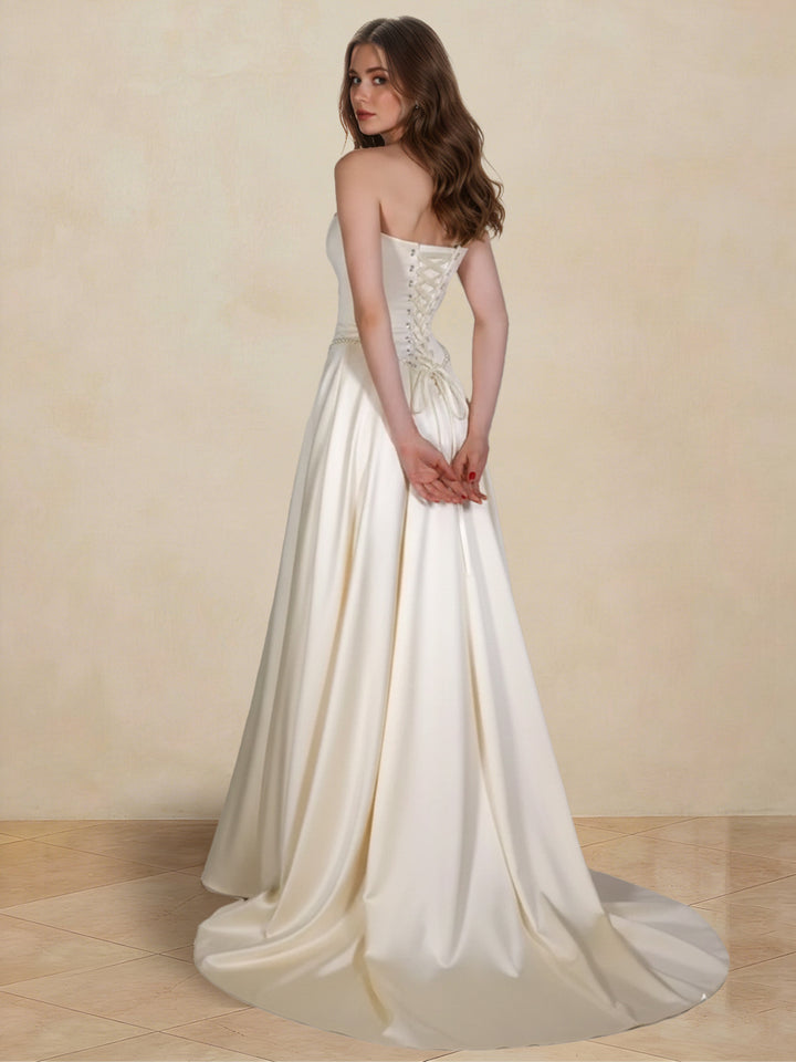 A-Line/Princess Strapless Sleeveless Basque Waist Prom Dresses with Ruched &amp; Beading