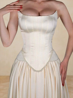 A-Line/Princess Strapless Sleeveless Basque Waist Prom Dresses with Ruched & Beading