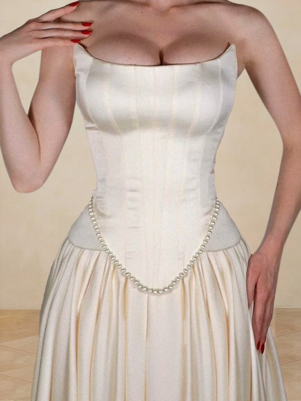 A-Line/Princess Strapless Sleeveless Basque Waist Prom Dresses with Ruched & Beading