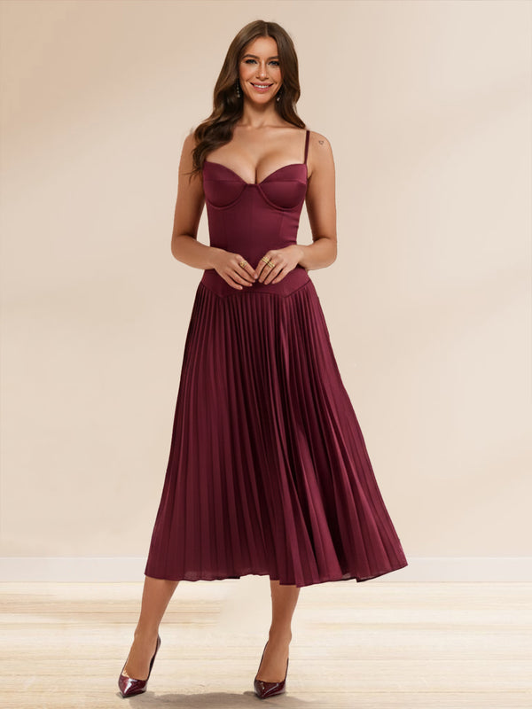 A-Line/Princess Spaghetti Straps Sleeveless Tea-Length Prom Dresses with Pleats