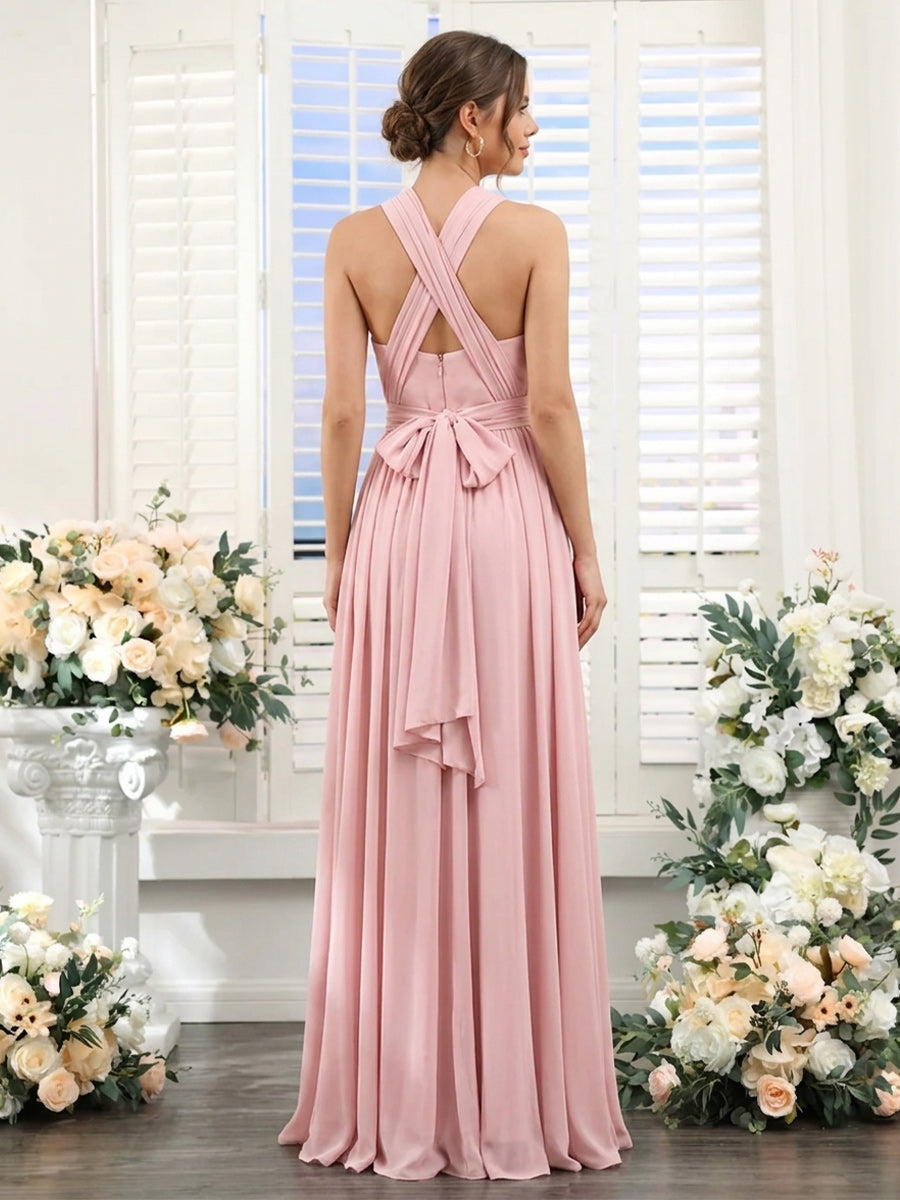A-Line/Princess V-Neck Sleeveless Floor-Length Bridesmaid Dresses with Ruched