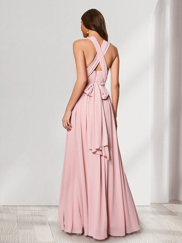 A-Line/Princess V-Neck Sleeveless Floor-Length Bridesmaid Dresses with Ruched