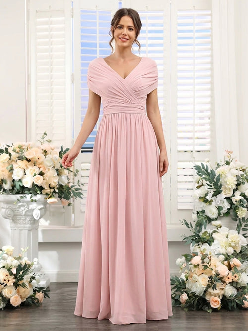 A-Line/Princess V-Neck Short Sleeves Chiffon Bridesmaid Dresses With Bowknot