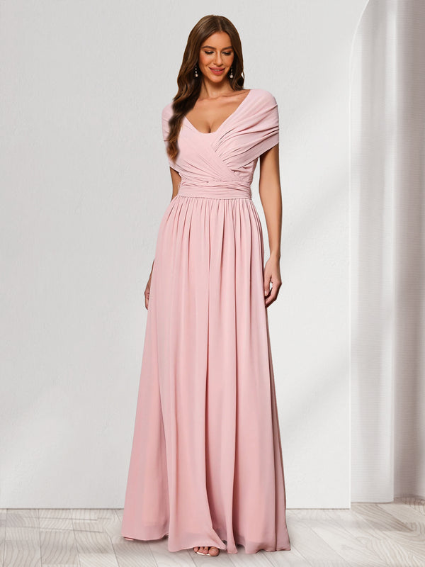A-Line/Princess V-Neck Short Sleeves Chiffon Bridesmaid Dresses With Bowknot