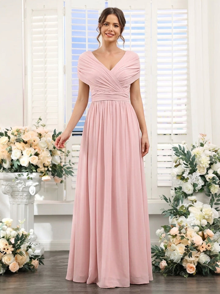 A-Line/Princess V-Neck Short Sleeves Chiffon Bridesmaid Dresses With Bowknot