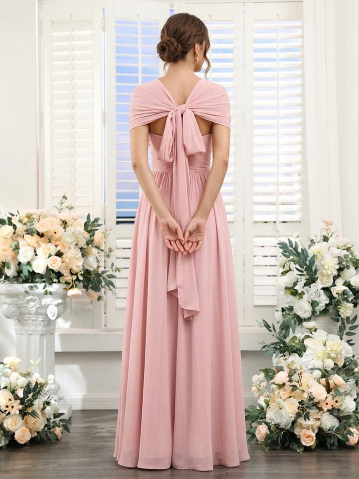 A-Line/Princess V-Neck Short Sleeves Chiffon Bridesmaid Dresses With Bowknot