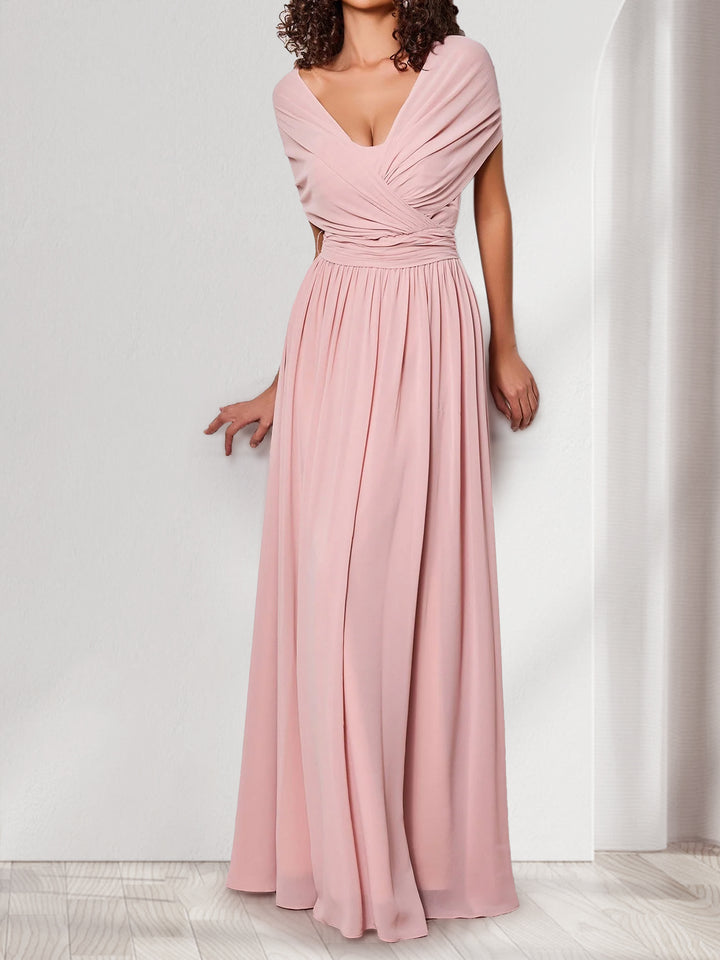 A-Line/Princess V-Neck Short Sleeves Chiffon Bridesmaid Dresses With Bowknot