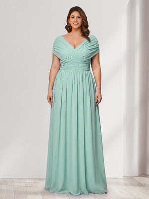 A-Line/Princess V-Neck Short Sleeves Chiffon Plus Size Bridesmaid Dresses With Bowknot