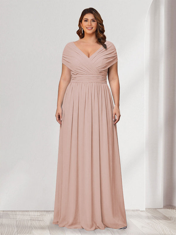 A-Line/Princess V-Neck Short Sleeves Chiffon Plus Size Bridesmaid Dresses With Bowknot