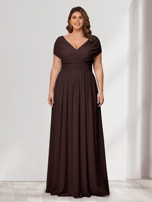 A-Line/Princess V-Neck Short Sleeves Chiffon Plus Size Bridesmaid Dresses With Bowknot