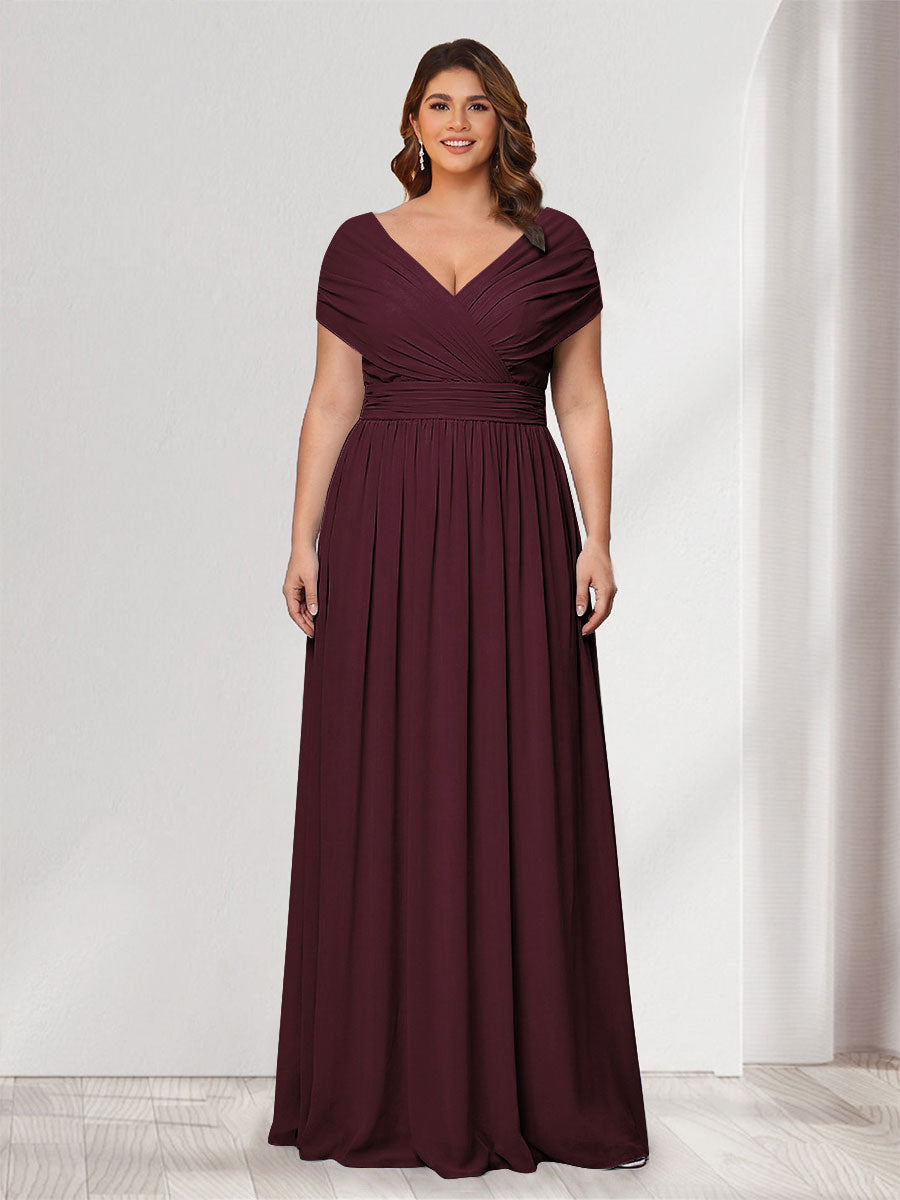 Lavetir Plum A-Line/Princess V-Neck Short Sleeves Chiffon Plus Size Bridesmaid Dresses With Bowknot 2026