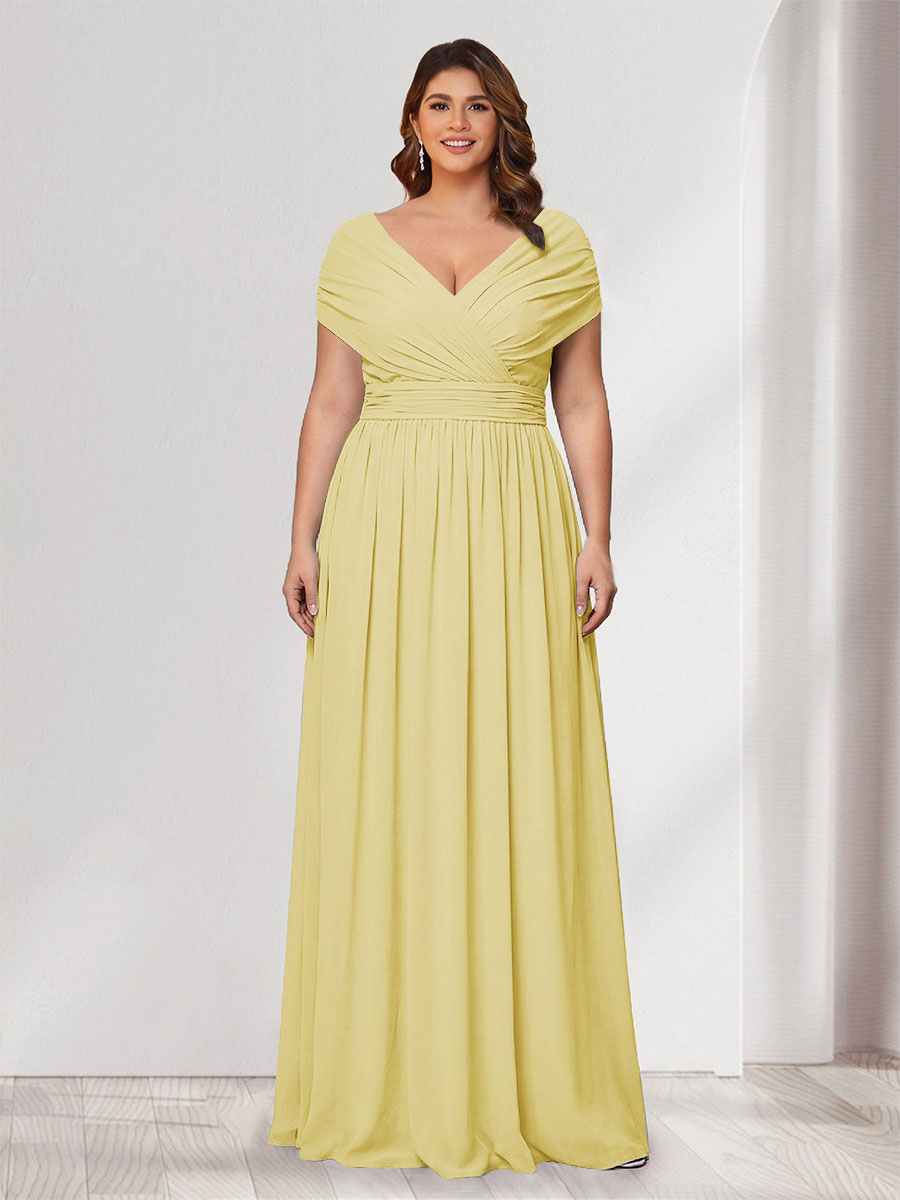 A-Line/Princess V-Neck Short Sleeves Chiffon Plus Size Bridesmaid Dresses With Bowknot