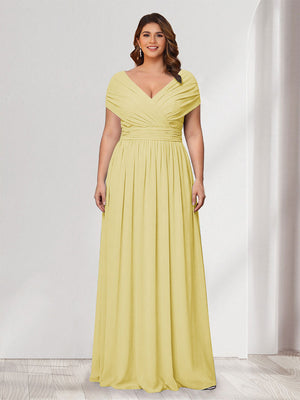 A-Line/Princess V-Neck Short Sleeves Chiffon Plus Size Bridesmaid Dresses With Bowknot