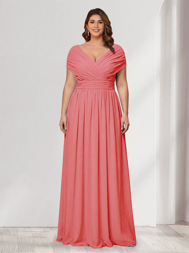 A-Line/Princess V-Neck Short Sleeves Chiffon Plus Size Bridesmaid Dresses With Bowknot
