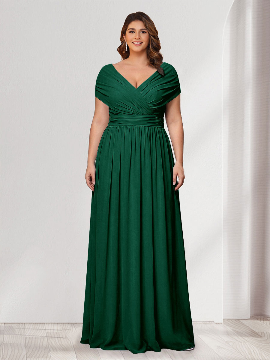 A-Line/Princess V-Neck Short Sleeves Chiffon Plus Size Bridesmaid Dresses With Bowknot