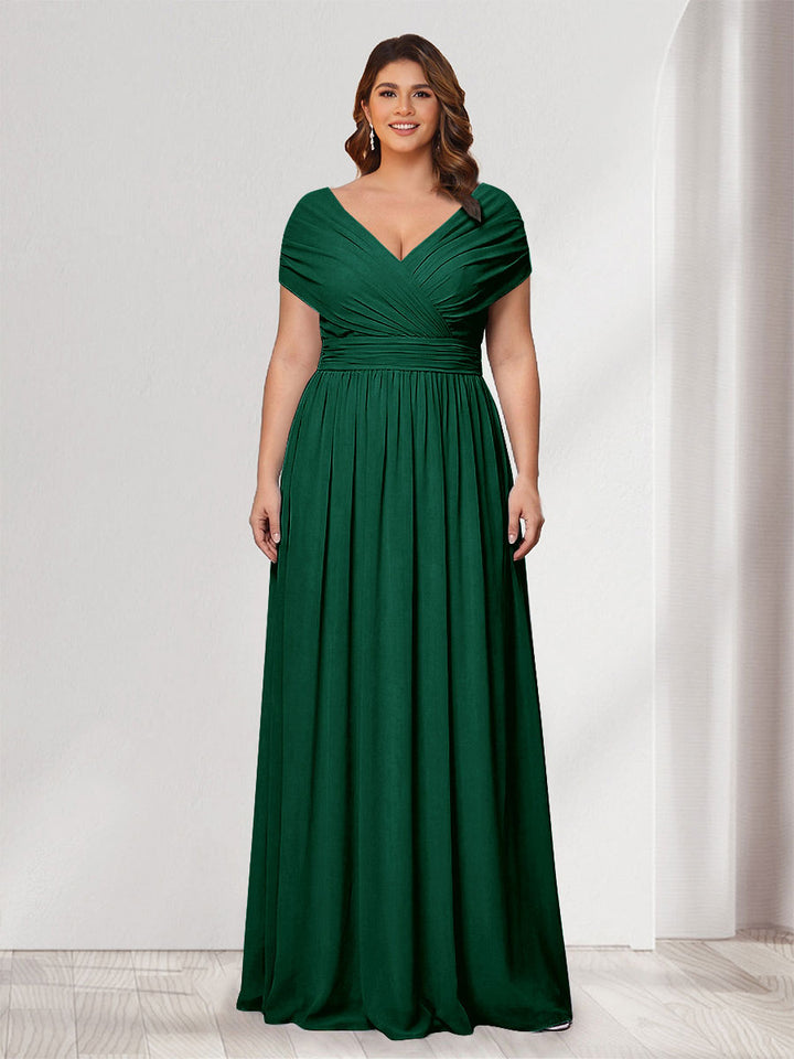 A-Line/Princess V-Neck Short Sleeves Chiffon Plus Size Bridesmaid Dresses With Bowknot