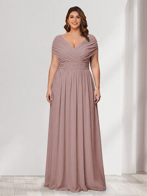 A-Line/Princess V-Neck Short Sleeves Chiffon Plus Size Bridesmaid Dresses With Bowknot