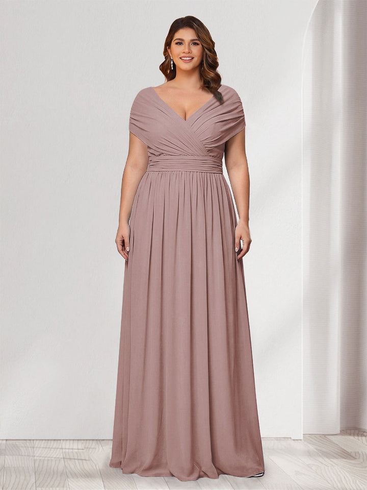 A-Line/Princess V-Neck Short Sleeves Chiffon Plus Size Bridesmaid Dresses With Bowknot