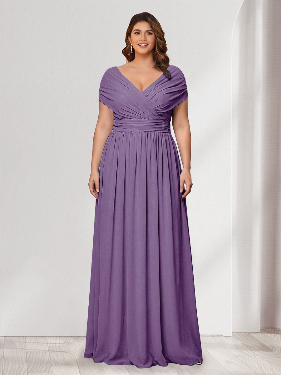 Lavetir Orchid A-Line/Princess V-Neck Short Sleeves Chiffon Plus Size Bridesmaid Dresses With Bowknot 2026