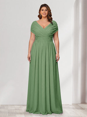 A-Line/Princess V-Neck Short Sleeves Chiffon Plus Size Bridesmaid Dresses With Bowknot