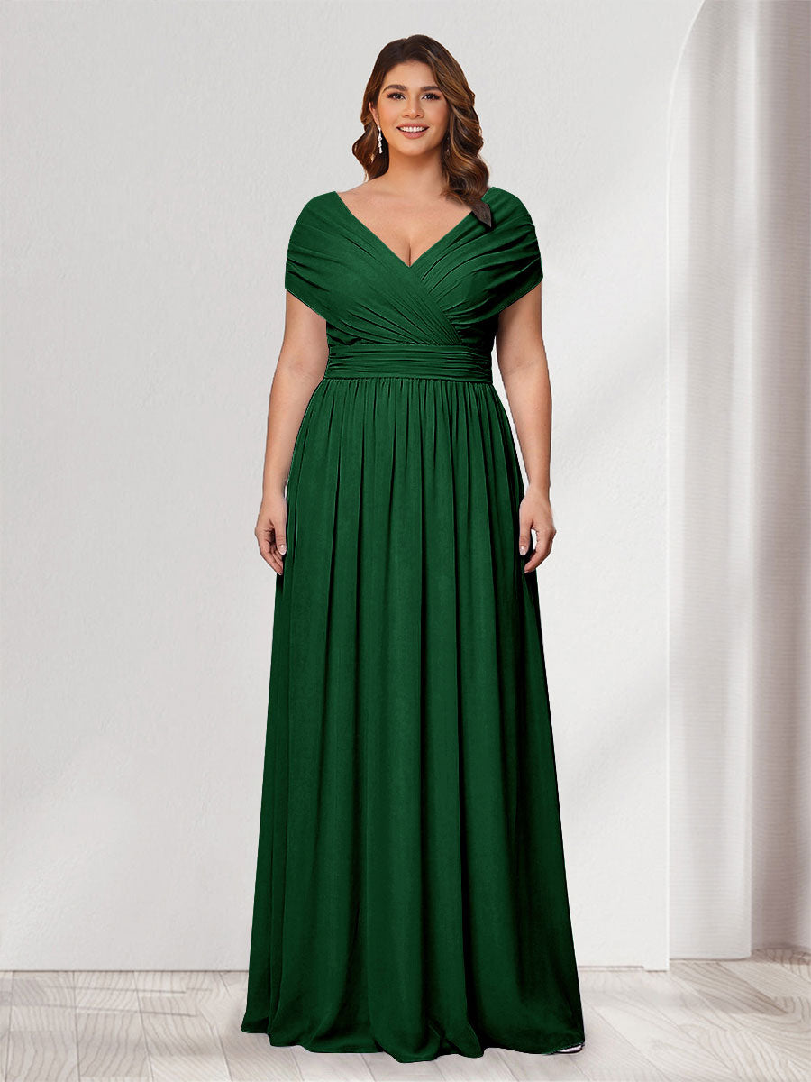 A-Line/Princess V-Neck Short Sleeves Chiffon Plus Size Bridesmaid Dresses With Bowknot