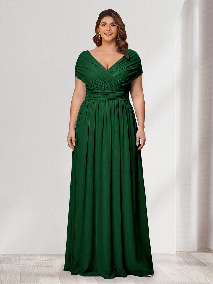 A-Line/Princess V-Neck Short Sleeves Chiffon Plus Size Bridesmaid Dresses With Bowknot