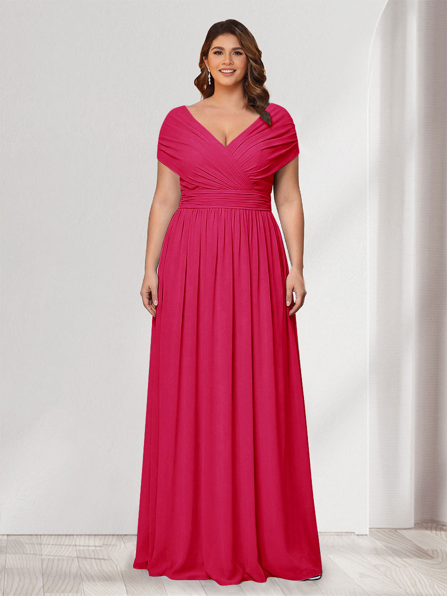 A-Line/Princess V-Neck Short Sleeves Chiffon Plus Size Bridesmaid Dresses With Bowknot