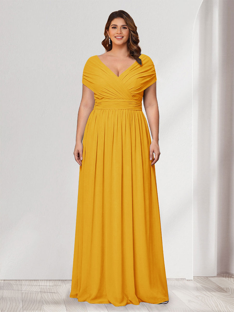 A-Line/Princess V-Neck Short Sleeves Chiffon Plus Size Bridesmaid Dresses With Bowknot