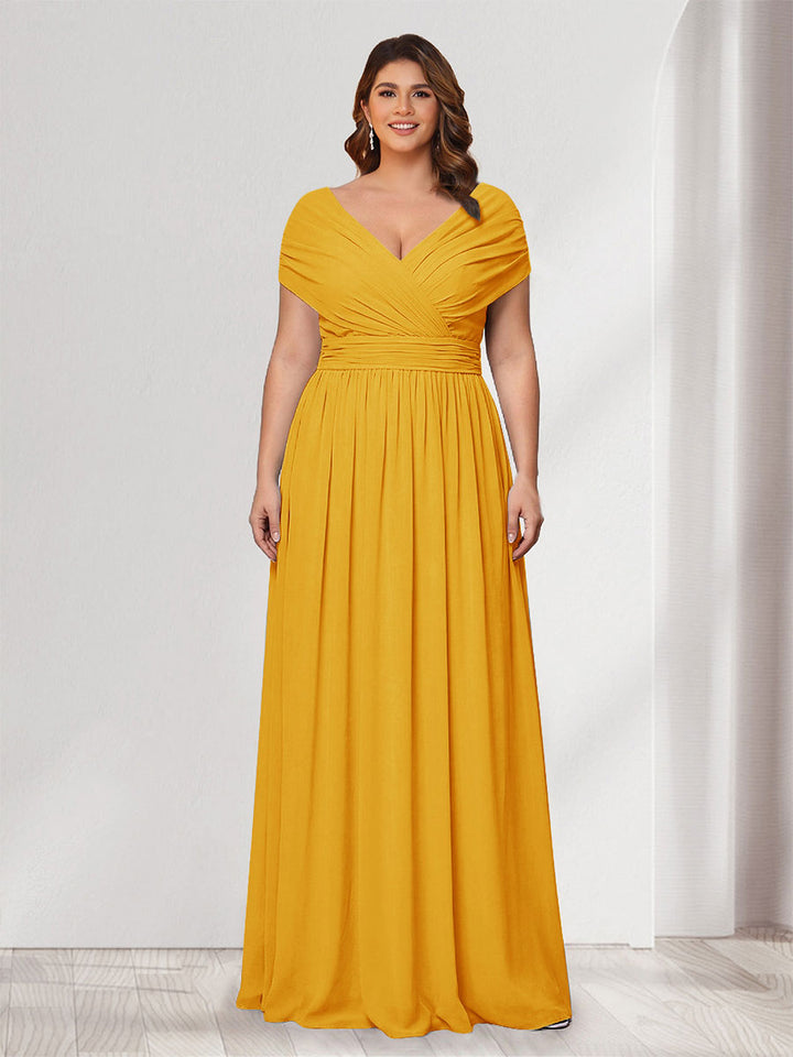 A-Line/Princess V-Neck Short Sleeves Chiffon Plus Size Bridesmaid Dresses With Bowknot