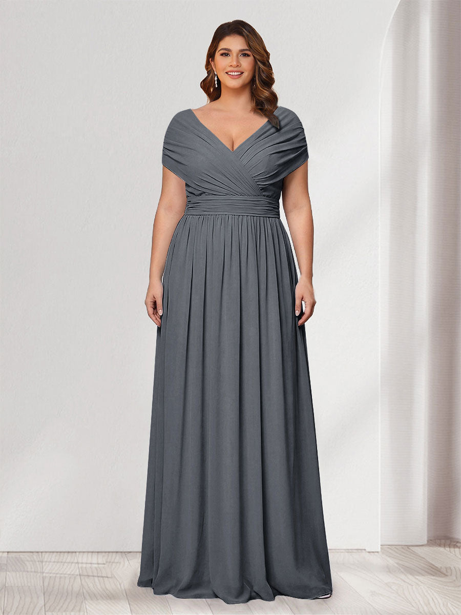A-Line/Princess V-Neck Short Sleeves Chiffon Plus Size Bridesmaid Dresses With Bowknot