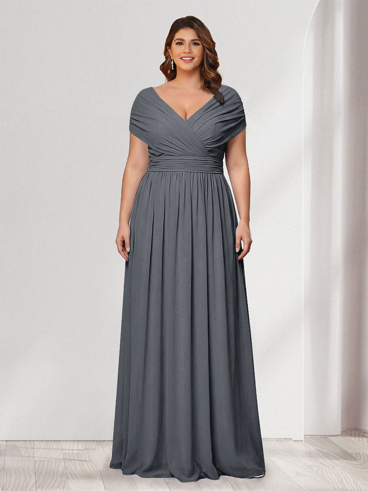 A-Line/Princess V-Neck Short Sleeves Chiffon Plus Size Bridesmaid Dresses With Bowknot