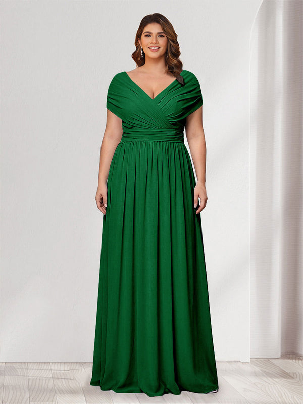 A-Line/Princess V-Neck Short Sleeves Chiffon Plus Size Bridesmaid Dresses With Bowknot