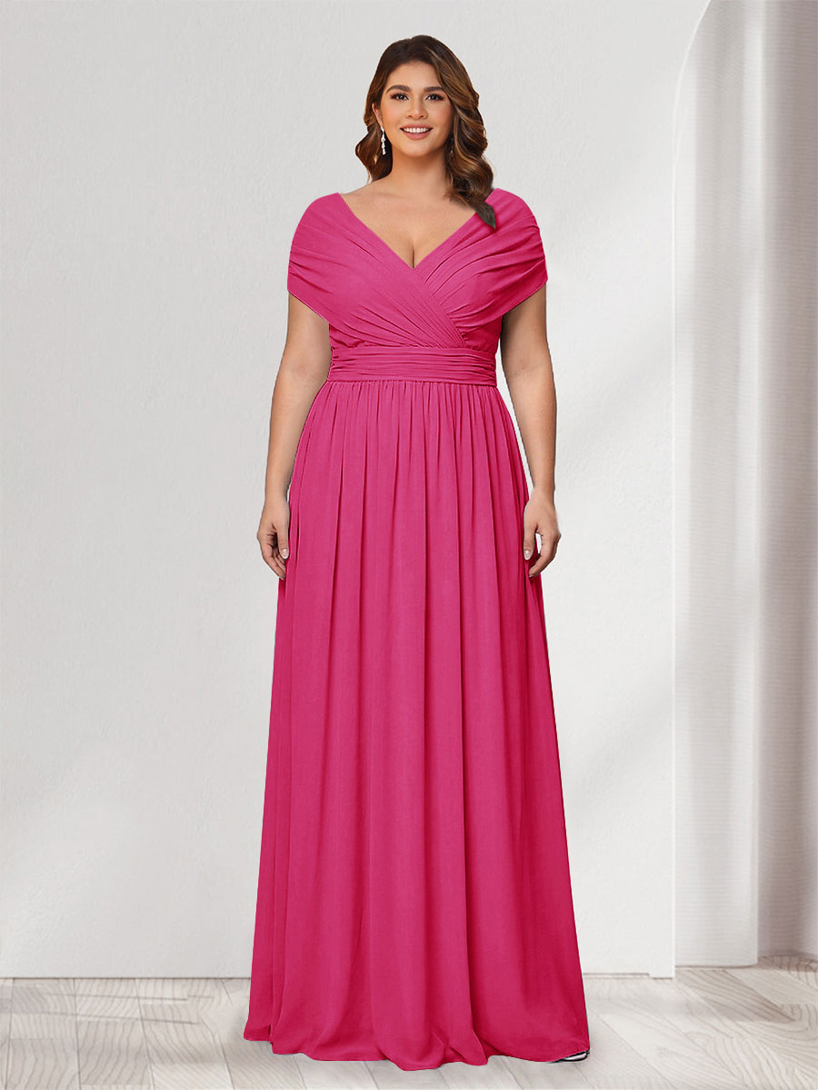 A-Line/Princess V-Neck Short Sleeves Chiffon Plus Size Bridesmaid Dresses With Bowknot