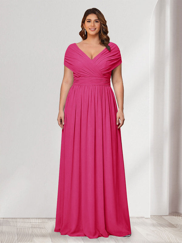 A-Line/Princess V-Neck Short Sleeves Chiffon Plus Size Bridesmaid Dresses With Bowknot