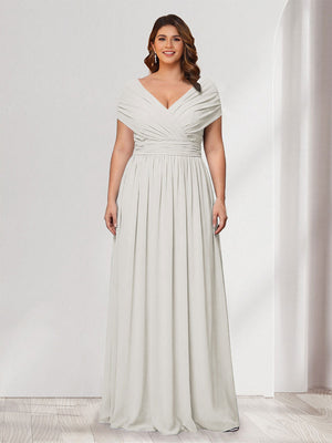 A-Line/Princess V-Neck Short Sleeves Chiffon Plus Size Bridesmaid Dresses With Bowknot
