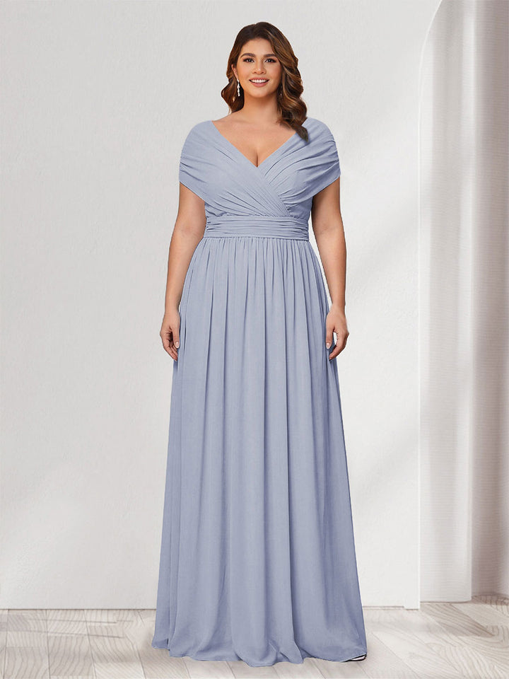 A-Line/Princess V-Neck Short Sleeves Chiffon Plus Size Bridesmaid Dresses With Bowknot